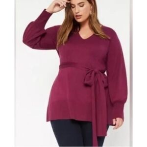 Eloquii Burgundy V-Neck Tie Wrap Waist Tunic Sweat Plus Size 18/20